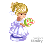 This is a clipart image of a blonde, animated young girl in a fancy dress, holding a bouquet of flowers.