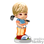 This is an animated clipart image of a cartoon character who appears to be a young boy with blond hair. He is holding a golf club on his shoulder and standing next to a golf ball, indicating that he may be preparing to play golf or is in the midst of a golf game.