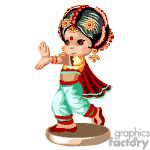 The image features an animated character portraying a traditional Indian dancer. The character is dressed in colorful attire typical of Indian classical dance forms, with detailed jewelry and a decorated headpiece. The character appears to be in a dance pose with one hand raised and the other held out.