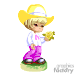 The clipart image depicts an animated character which appears to be a young girl with short, light-colored hair, wearing a large yellow hat, a white long-sleeve shirt, and pink pants. She appears to be seated on a green mound, possibly indicating grass, with red shoes visible. The character is holding a yellow flower in her right hand.
