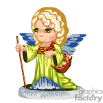 The clipart image depicts a stylized angel character with curly blonde hair, wearing a long green robe with red accents and a golden sash. The angel has a pair of blue wings, carries a walking stick, and is standing atop a small gray mound or cloud. The angel also has a basket on the arm
