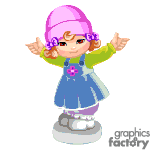 The clipart image shows a cartoon character of a young girl wearing winter clothing. She has a pink winter hat, purple-trimmed glasses, a green coat with a flower on it, blue pants, and gray boots standing on a snowy step. She's making a playful shrug or I don't know gesture with her arms raised.