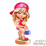 The clipart image features an animated character that appears to be a young girl. She has blonde hair and is wearing a pink visor cap, a one-piece swimsuit with a flower design, and green flip-flops. The character is also holding a purple bag and is standing on a circular base.