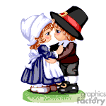 The image features two animated characters dressed as pilgrims, a boy and a girl, with the boy kissing the girl on the cheek. They are both wearing traditional pilgrim clothing from the 17th century, often associated with the Thanksgiving holiday in the United States. The boy is wearing a black hat with a buckle, a white collar, black and white clothes, and black shoes with buckles. The girl is wearing a white bonnet, a white collar, a blue dress with white apron, and white socks with black shoes.