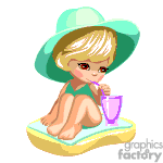 The clipart image depicts a cartoon of a young child with blonde hair sitting on a yellow and blue striped beach towel. The child is wearing a large green sun hat and sipping from a purple cup with a straw. The overall theme suggests a relaxing day at the beach.