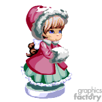 The clipart image depicts a young animated girl dressed in winter holiday attire. She appears to be wearing a festive, fur-trimmed red and green dress, a matching hat with a fur trim, and white mittens. The girl has her hair styled in braids and has a sweet expression on her face.