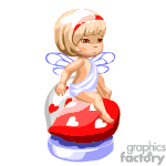 The image depicts a cute animated character resembling a small angel or fairy with wings, sitting on a cushioned stool that has a heart design. The character appears to be in a pensive or relaxed pose and could represent themes such as love, Valentine's Day, or fantasy.