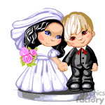 This clipart image depicts a cartoon of a bride and groom. The bride is wearing a white wedding dress and a veil, holding a bouquet of pink flowers, while the groom is wearing a black tuxedo. They are holding hands and standing together.