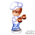 The clipart image features an animated character dressed as a chef, complete with a chef's hat (toque) and a white double-breasted jacket, typically worn by chefs. The character is holding three brown pots or clay cooking pots.