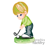 The clipart image features a cartoon of a young boy playing golf. He is holding a putter and is about to hit a golf ball while standing on a patch of grass.