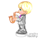 The clipart image depicts a cartoon of a young blonde child dressed in a gray suit playing a saxophone. The child is standing upright with their eyes closed, seemingly enjoying the act of playing the instrument. The style of the image is colorful and has a playful tone, suitable for a variety of child- or music-related content.
