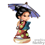 The clipart image features a cartoon-style animated character of an Asian girl dressed in traditional attire holding an umbrella. She appears to be standing on a round base