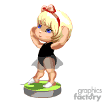 The image is of an animated character, a young girl with blonde hair tied up with a red bow, performing a stretch. She is wearing a black sleeveless top and gray shorts, and white shoes with green accents. The character is standing on a circular platform.