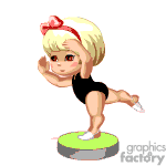 The image features a cartoon of a young girl participating in gymnastics. She has blonde hair tied with a red bow and is wearing a black leotard. She is posed on one leg with the other stretched behind her, performing on what appears to be a green balance beam or gymnastic platform.