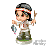 The clipart image features an animated character, possibly representing an indigenous person. The character has black hair, a feather headband, and is dressed in traditional clothing with boots. They are holding a fish in one hand and a spear in the other, standing on a patch of grass.