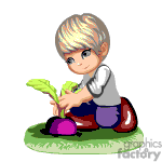 This clipart image depicts a cartoon of a young child with blonde hair, kneeling on the ground, holding a green leafy vegetable, possibly a lettuce or a leafy top of a root vegetable. A purple root vegetable, resembling a beetroot or turnip, is also visible on the ground next to the child. The background appears to be a simple representation of a grassy patch.