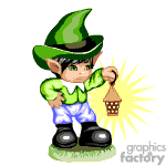 The clipart image depicts an animated character resembling a mythological pixie or elf. The character has pointy ears, is wearing a large green hat, a green shirt, white pants, and black boots. It is holding a lantern that is emitting a bright light.