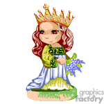 The clipart image depicts a stylized drawing of a queen or a princess. She has red hair, and she's wearing a golden crown adorned with gems. The queen is dressed in a medieval style gown with a combination of green and white colors and golden accents, suggesting royalty or nobility. She is holding a bouquet of blue flowers.