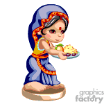 The clipart image shows an animated character that appears to be a girl dressed in traditional Indian attire holding a plate full of what could be assumed as sweets or offerings. She is wearing a blue saree with orange and gold detailing, along with a blue veil over her head that also has gold accents. Her jewelry suggests an ethnic style, and she appears to have a bindi on her forehead, which is common in Indian culture. 