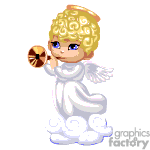 The clipart image features an animated character designed to resemble a cherubic angel. The figure has curly blond hair and is wearing a classic white robe with wings. The angel is holding a golden trumpet to its mouth as if about to play it. The character is depicted with a halo over its head and is standing on a small cloud.