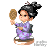 This clipart image features an animated character that appears to be a little girl wearing traditional East Asian attire. She has her hair styled in a bun with hair sticks and is sitting on a wooden stool. The girl is holding and looking into a mirror