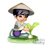This is an animated clipart image featuring a young boy wearing a conical hat typically associated with East Asia. The boy is kneeling on the ground, tending to plants. He appears to be pulling out or planting a green, leafy vegetable in a small patch of soil. The surroundings suggest an outdoor setting, possibly a home garden or small farm.