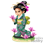 The clipart image features an animated character of a young woman dressed in traditional Japanese attire, possibly a kimono with floral patterns. She has her hair styled in an elaborate updo, decorated with hair accessories. She is holding a pink flower in her hands and appears to be admiring it. There are additional pink flowers at her feet, suggesting she is standing in a garden.