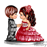 The clipart image depicts an animated boy and girl in formal attire, holding hands and looking at each other. The boy is dressed in a gray suit, and the girl is wearing a red dress with a floral accent in her hair.