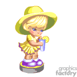 The image is of an animated young girl with blonde hair wearing a yellow dress and a large yellow hat. She is holding a drink with a slice of lemon on the side of the cup