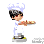 The clipart image features an animated chef wearing a white chef's uniform and a tall white chef's hat. The chef has gray hair and is smiling while presenting a plate of pizza. The chef is standing on what looks like a small round platform.