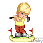 The clipart image features a cartoon of a young boy playing golf. He is wearing a yellow shirt, brown pants, and is swinging a golf club. Around him are golf balls and two red flags indicating the holes on a miniaturized golf course setting.