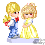 The clipart image depicts two animated characters that appear to be a boy and a girl dressed in formal attire. The boy is wearing a blue suit with a red bow tie and holding a bouquet of yellow flowers, while the girl is dressed in a yellow dress with a pink bow in her hair, and they are both standing on a platform.