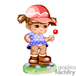 The clipart image features a cute, animated young girl with pigtails wearing a pink and white baseball cap, a blue sleeveless dress with white polka dots, and brown shoes. She is holding a red lollipop in one hand and stands on a patch of grass with a few small flowers around her feet.