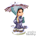 The clipart image features an animated character who appears to be a young girl wearing a purple traditional Asian-style outfit with a green headscarf and holding a white umbrella. She has a contemplative expression and is standing on a small base which makes it look like a figurine. There are snowy elements suggesting a winter theme.