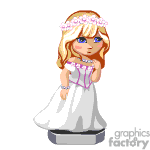 The clipart image displays a cartoon-style depiction of a bride. She has blue eyes and blonde hair adorned with a pink flower crown. She's wearing a white wedding dress with pink details and standing with her hands close to her chest, possibly suggesting a pose of shyness or anticipation.