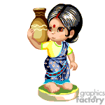 This clipart image shows an animated character that appears to be a girl dressed in traditional attire, holding a pot on her shoulder. She has black and grey hair and is wearing a yellow blouse with a blue sari that has a border design. The girl is standing barefoot on a small round patch of ground.
