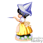 The image is a clipart of a cartoon character depicting a little witch. The witch has a big hat, a wand in her hand, and is wearing a dress with a yellow skirt and a white apron. There are flowers at her feet.