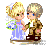 The image is an animated clipart depicting two small children dressed as a bride and groom. The child dressed as the bride has a white dress with a pink sash and is holding a bouquet of flowers, while the child dressed as the groom is wearing a brown suit. They both have blonde hair and are standing side by side, looking forward.