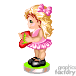 The image is an animated clipart featuring a cute, young, blonde girl with a big pink bow in her hair. She's wearing a pink dress and standing on a round pedestal. The girl is holding a heart-shaped cushion or object with a small green decoration, possibly a drawing or an appliqué of a tree or plant.