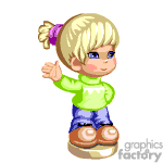 The clipart image features a cartoon of a young child with blonde hair tied up in a ponytail, wearing a green long-sleeve top, blue pants, and brown shoes. The child appears to be waving, with one arm raised in a gesture of greeting or farewell.