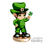 In the clipart image, there is a cartoon representation of a leprechaun. The character is dressed in green, with a hat and suit, and is holding a four-leaf clover. It appears to be standing on a platform or base.
