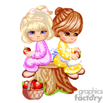 Keywords: Two animated children, sitting, log, eating apples, basket, fruit, blonde hair, brown hair, pink dress, yellow dress.