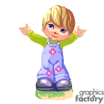 The image is a clipart of a young child with blond hair, wearing blue overalls with star patterns on them, a green long-sleeved shirt, and dark shoes. The child is standing on a patch of grass with arms outstretched to the sides, as if ready for a hug.