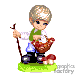 This clipart image depicts a cartoon-like young boy with blond hair, who appears to be engaged in gathering mushrooms. The boy is holding a stick in one hand and a basket, which already contains some mushrooms, in the other hand. He is wearing a white shirt with a green vest, blue pants, and black boots. There are also mushrooms on the ground next to him.