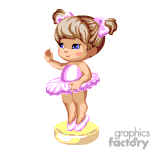 This image features a clipart of a cute animated young girl in a ballerina outfit. She has blonde hair tied up in pigtails with pink bows, a pink tutu, and pink ballet slippers. She appears to be standing on a small yellow platform and is in a ballet pose with one arm raised.