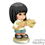 The clipart image shows a cartoon of a young girl with black hair, holding a bunch of wheat sheaves. She's wearing a white shirt with blue shorts and brown shoes and appears to be standing on a small, rounded platform.