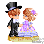 The image features two animated characters dressed in traditional wedding attire. The character on the left is wearing a black suit with a bow tie and top hat, suggesting they are the groom. The character on the right is in a purple dress with ruffles and a flower accessory in their hair, suggesting they are the bride. They are holding hands and appear to be standing on a patch of grass.