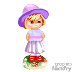 The clipart image features a cartoon or animated young girl. She has golden, short hair and is wearing a wide-brimmed, purple hat and a matching purple and white dress with a ribbon at the waist. She also has red shoes and is standing on a small patch of grass with flowers.