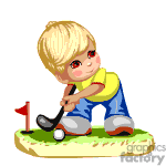 This clipart image features a cartoon character of a young boy with blonde hair playing miniature golf. He is in a crouching position, preparing to putt a golf ball towards a red flag on a small patch of green. The boy is smiling and appears to be concentrating on his putt, and he is dressed in a yellow shirt, blue jeans, and sneakers.