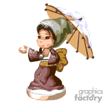 The image shows an animation of a female character dressed in traditional Japanese attire, often referred to as a kimono. She is holding a paper umbrella, also known as a wagasa, which is commonly associated with traditional Japanese culture. The character appears to be dancing or performing a type of movement with a gentle grace, as suggested by the posture and the slight animation of the umbrella and her clothing.